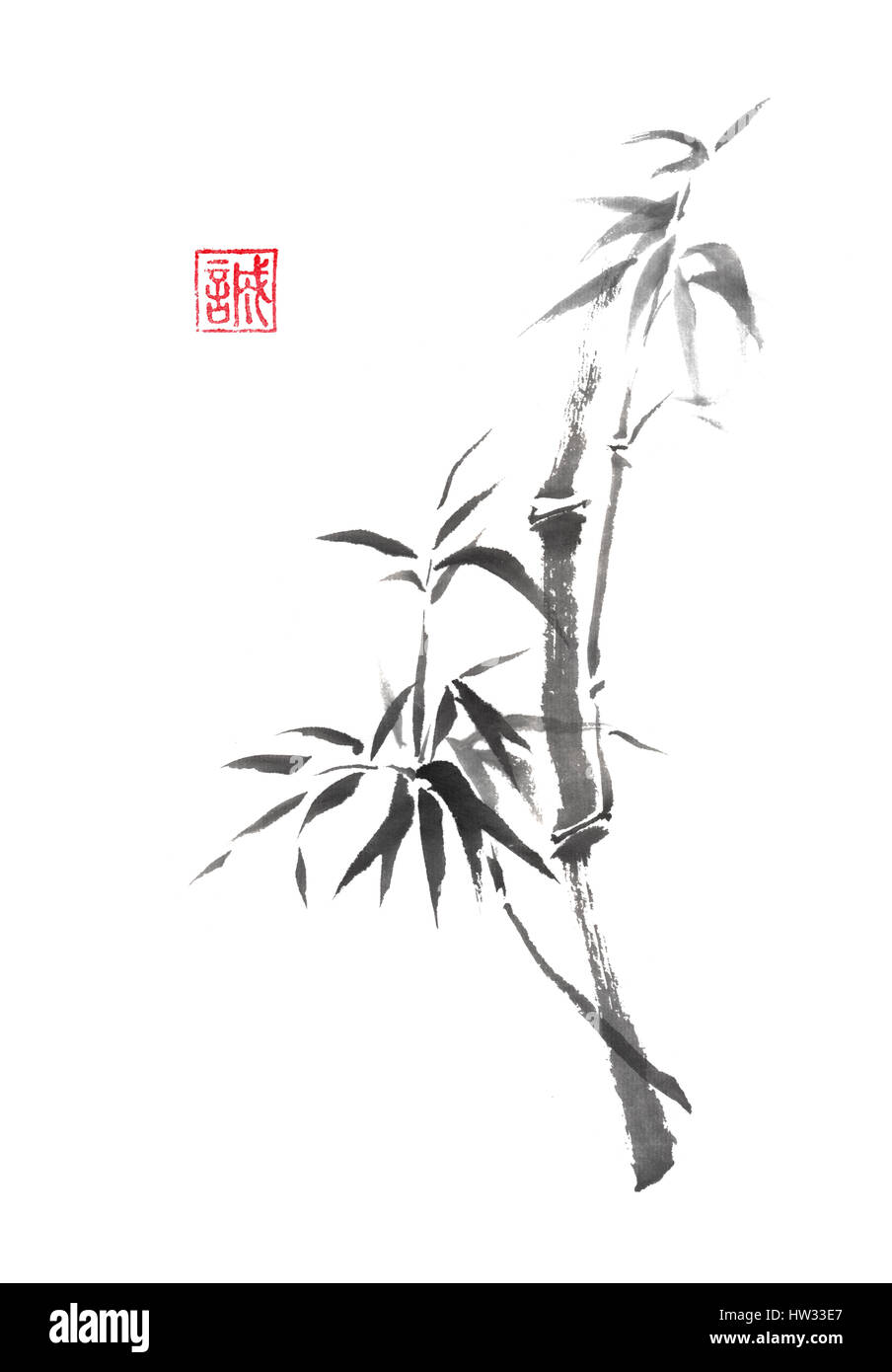 japanese style sumi e curved bamboo branch painting stock photo