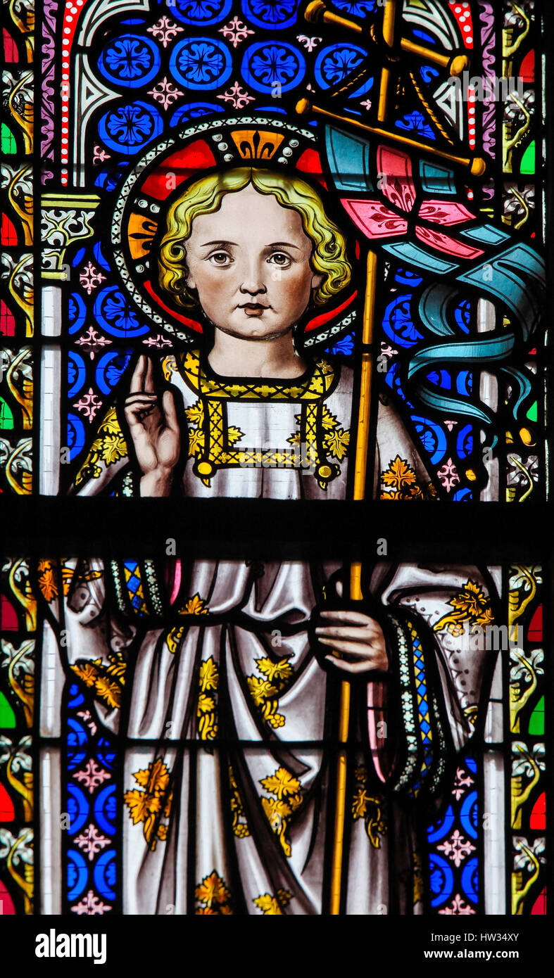Stained Glass in the Church of Our Blessed Lady of the Sablon in Brussels, Belgium, depicting Saint Emmanuel Stock Photo