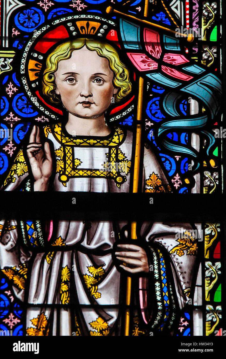 Stained Glass in the Church of Our Blessed Lady of the Sablon in Brussels, Belgium, depicting Saint Emmanuel Stock Photo