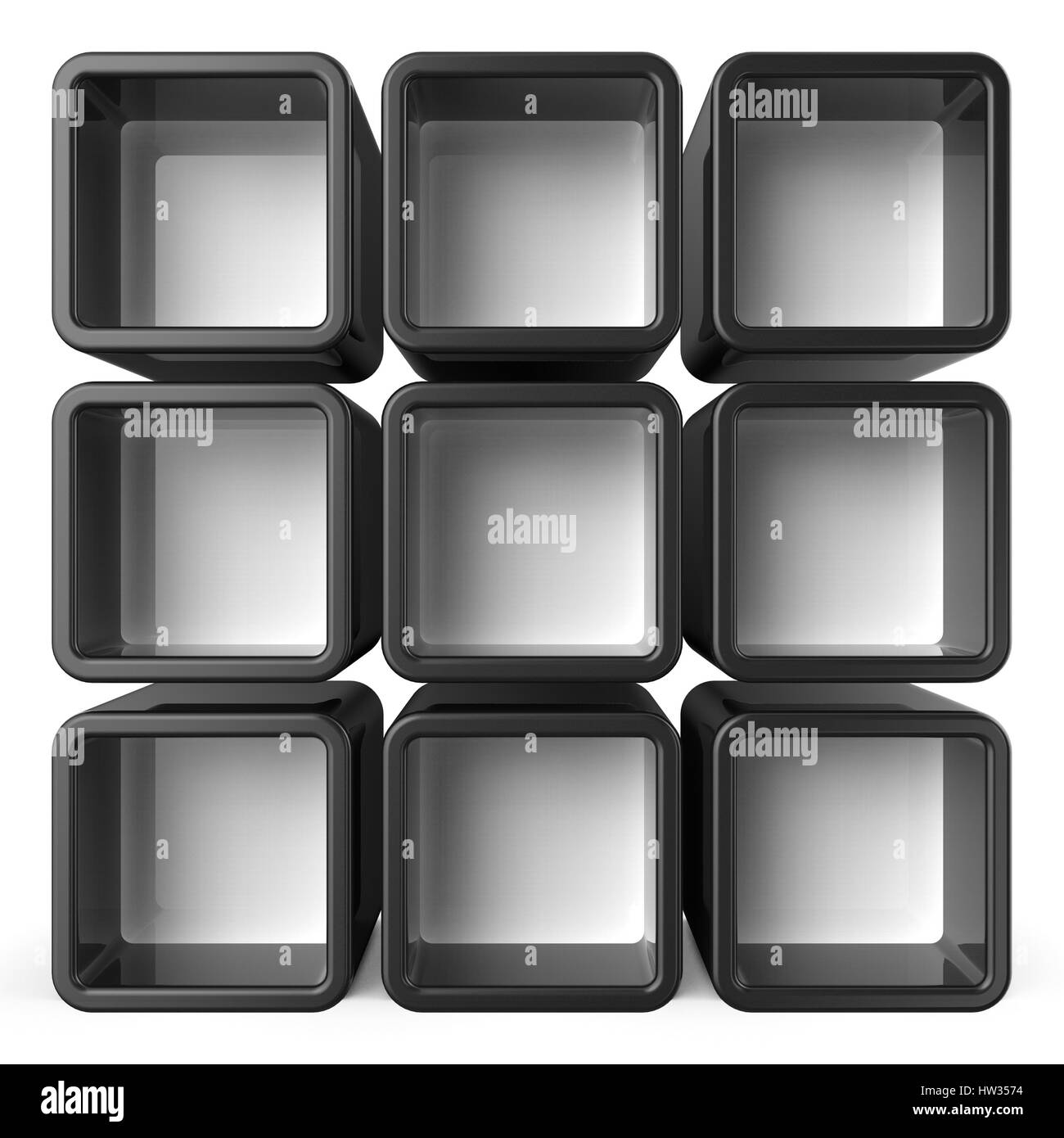 Copy space black and white shelf set 3D render illustration isolated on white background Stock Photo