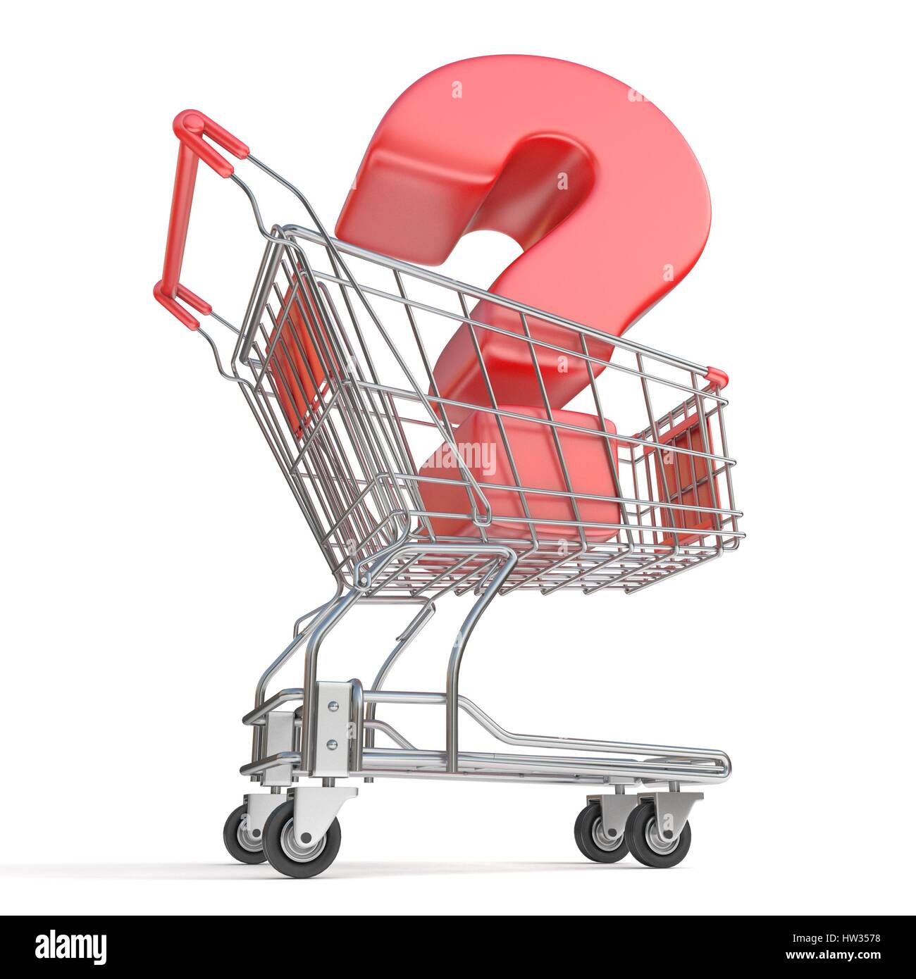Red question mark inside shopping cart 3D render illustration isolated