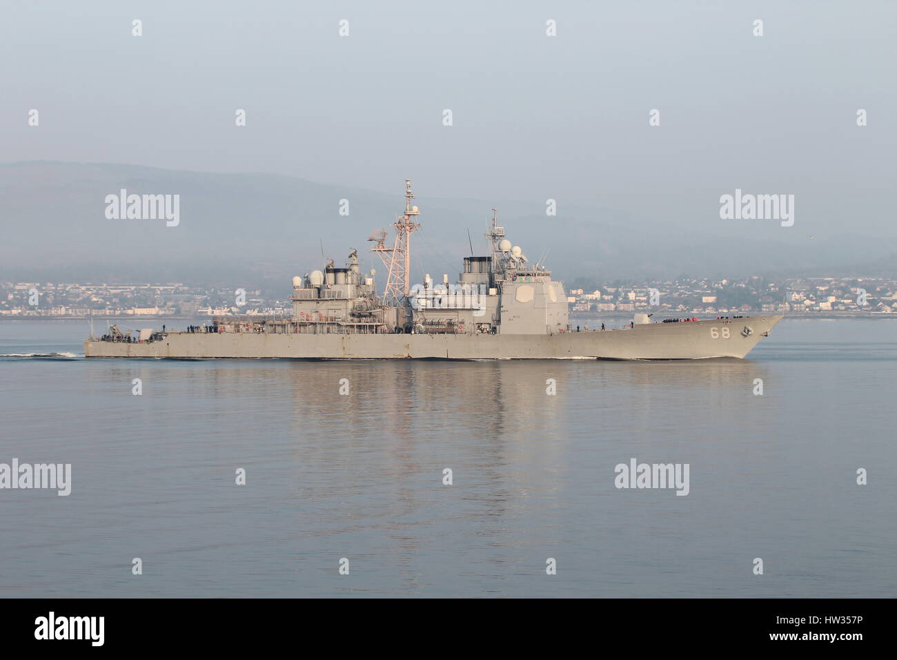 USS Anzio (CG-68), a Ticonderoga-class cruiser of the United States Navy, on her arrival for Exercise Joint Warrior 15-1. Stock Photo