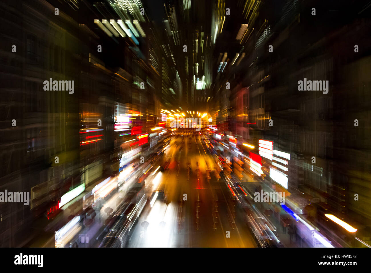 Abstract blurred night lights of Chinatown street scene in New York ...