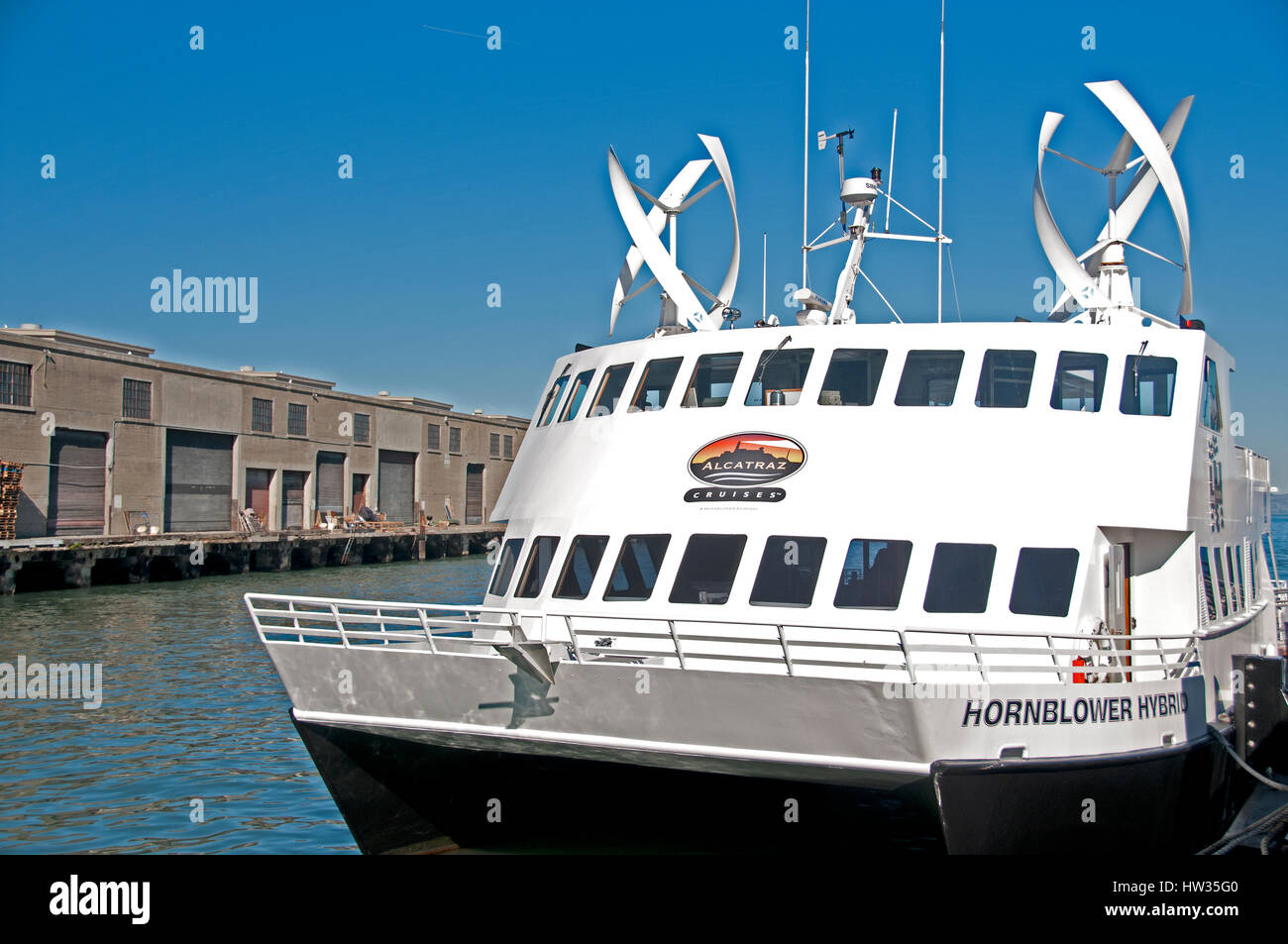 Hornblower vessel cruises to Alcatraz Island, San Francisco Bay, California Stock Photo