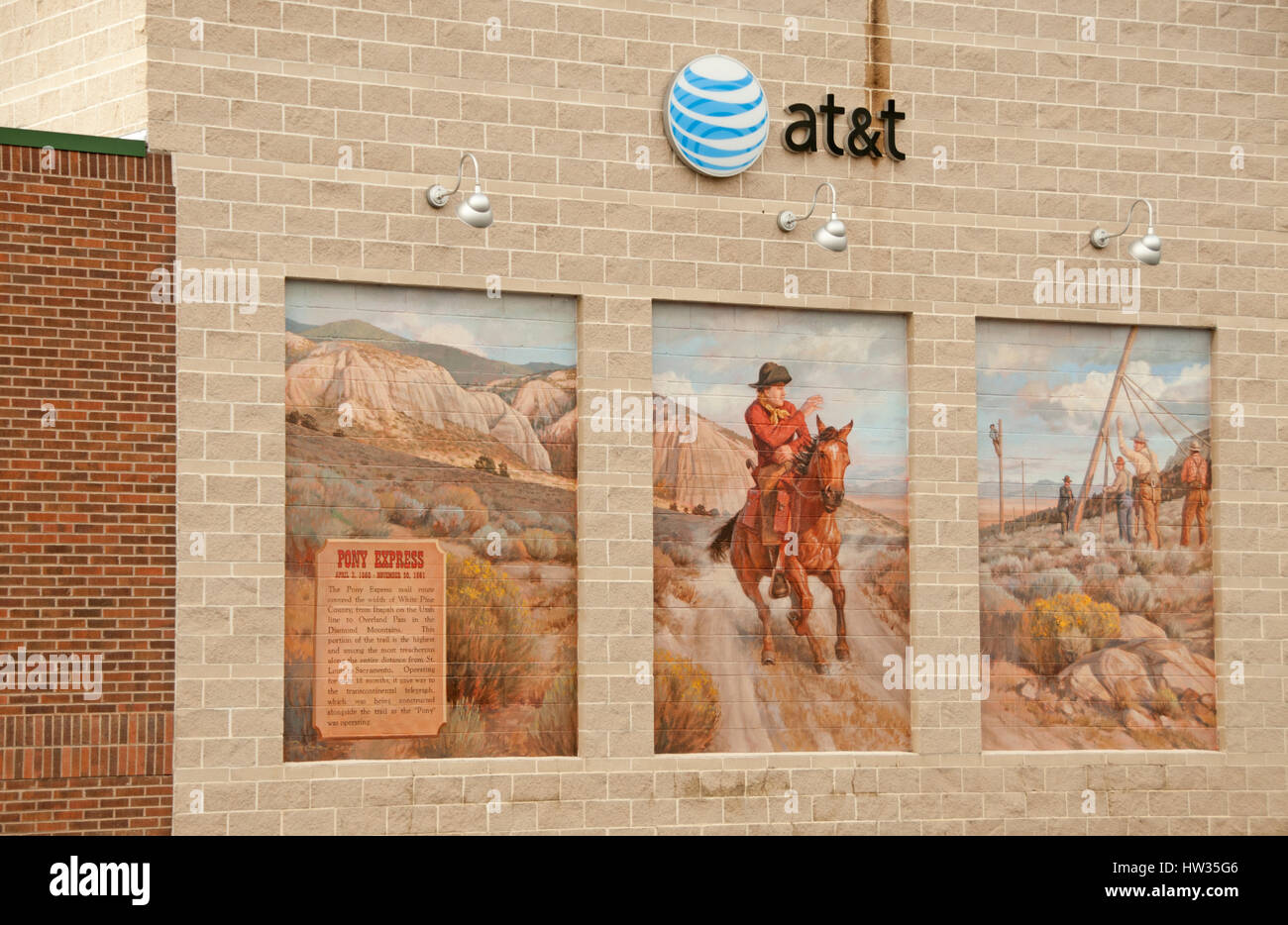 Pony Express mural on AT&T Building in Ely, Nevada Stock Photo
