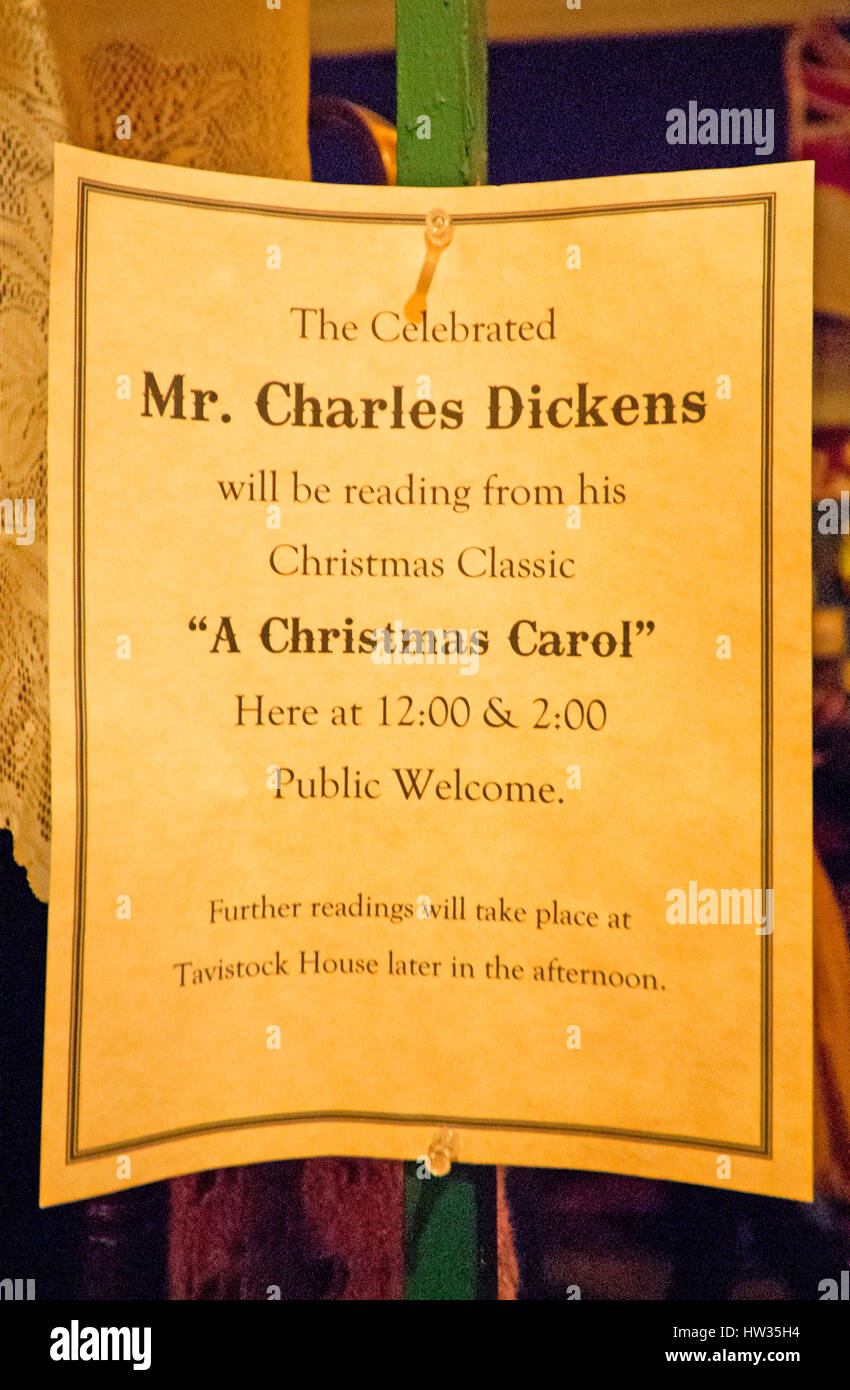 Notice of reading of 'A Christmas Carol' in the Dickens Family Parlous Stock Photo