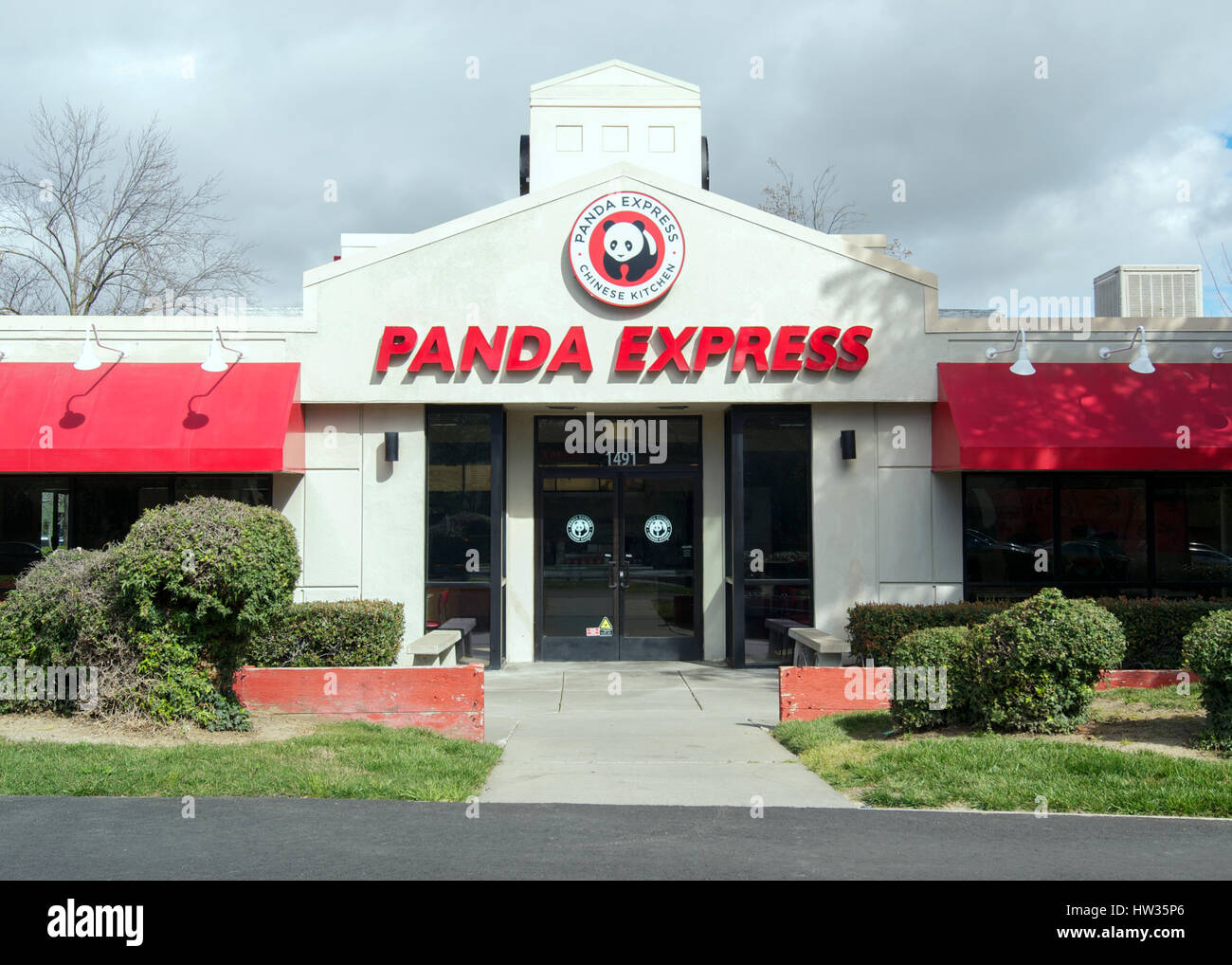 Entrance of the Chinese Fast Food Panda Express in Davis, California, USA, on a cloudy day Stock Photo