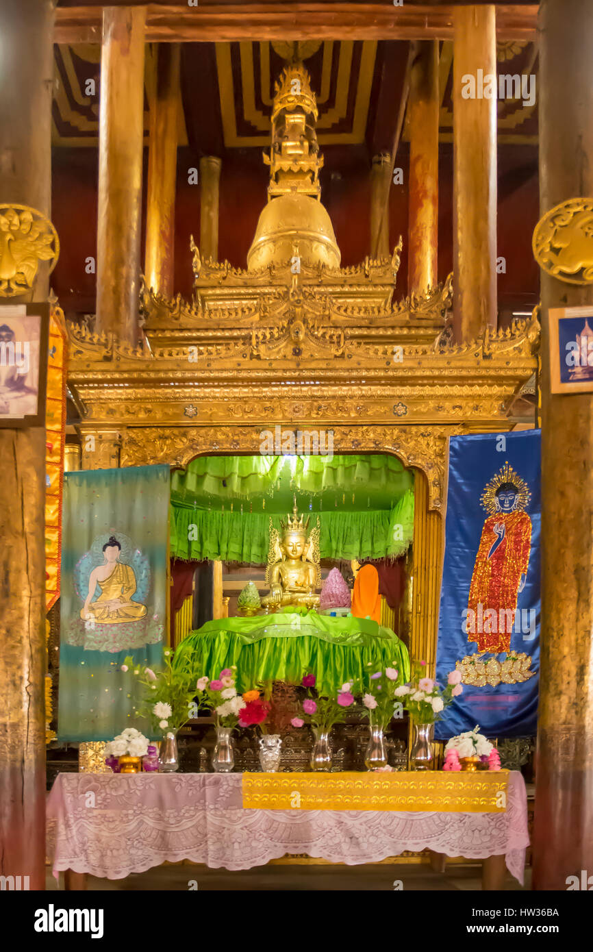 Inside Nga Phe Chaung Monastery, Inle Lake, Myanmar Stock Photo