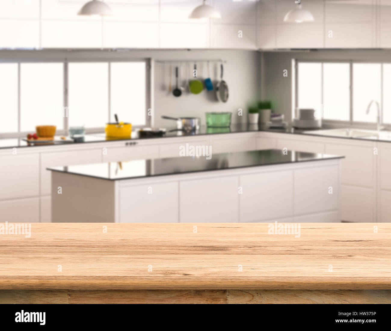 empty wooden counter top with kitchen background Stock Photo Alamy