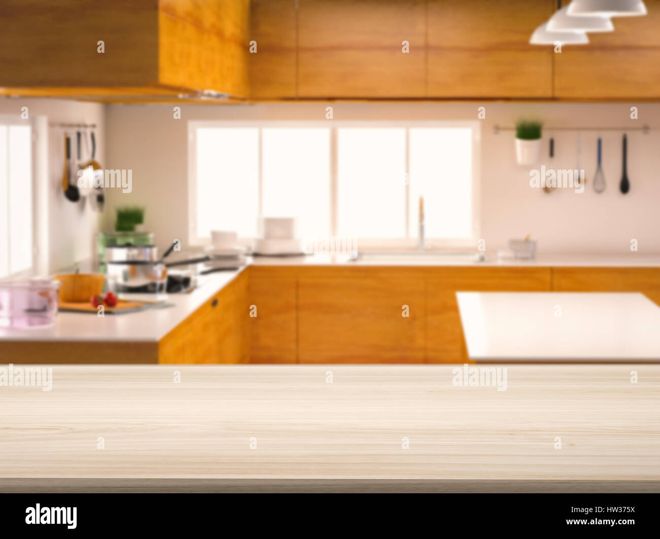 empty wooden counter top with kitchen background Stock Photo - Alamy