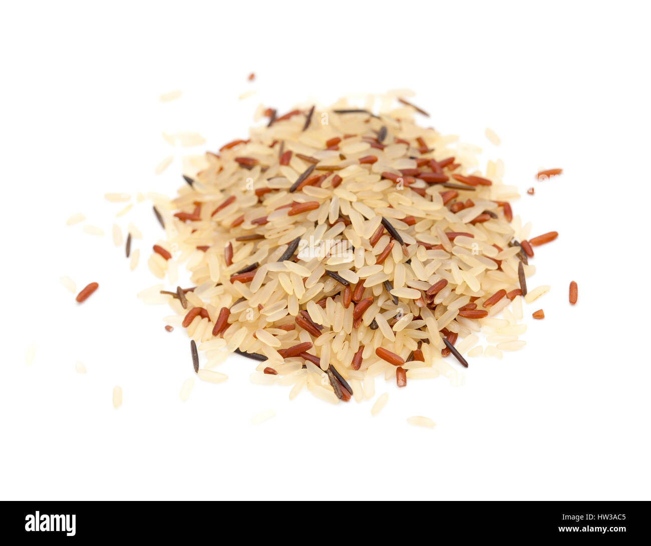 mixed rice, long grain basmati, red and wild, small pile isolated on