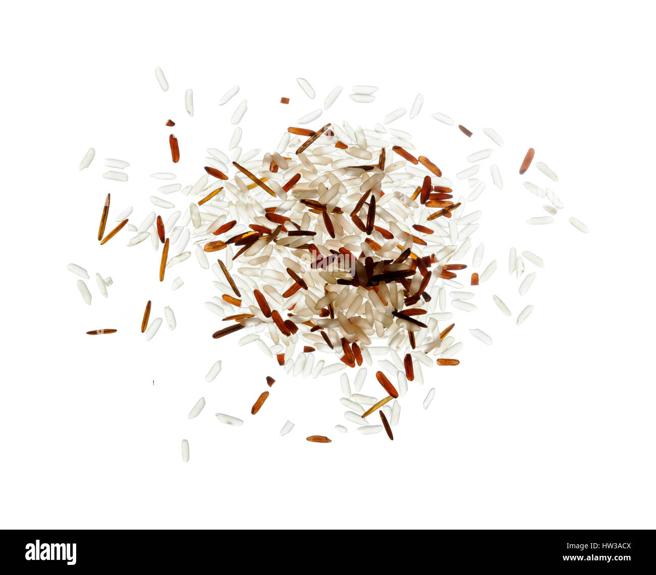 mixed rice, long grain basmati, red and wild, small pile isolated on
