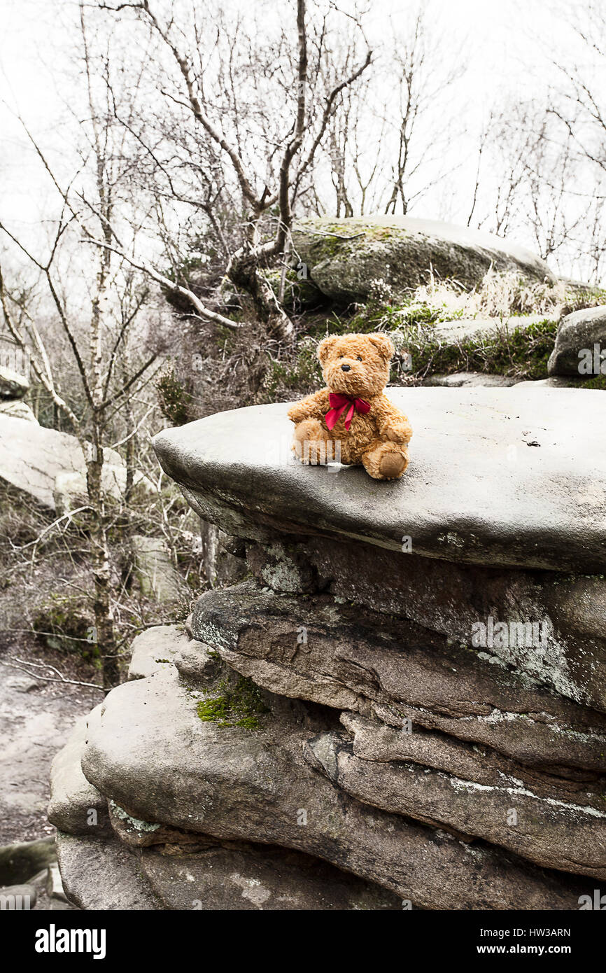 Teddy Bear sat in Snow at Brimham Rocks Stock Photo