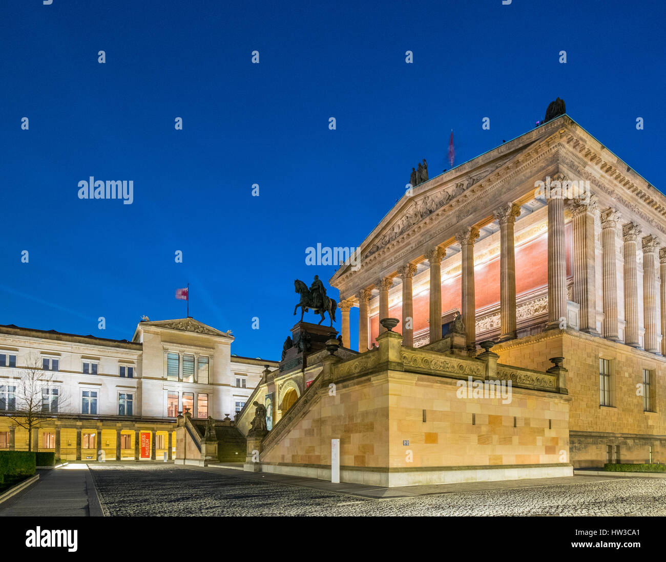 Night view of Neues Museum and Alte Nationalgalerie on Museumsinsel, Museum Island, UNESCO World Heritage Site, in Mitte, Berlin, Germany. Stock Photo