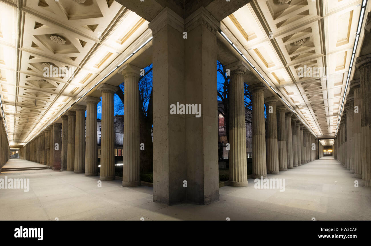 Illuminated colonnade beside Alte Nationalgalerie on Museumsinsel, Museum Island, Mitte, Berlin, Germany Stock Photo