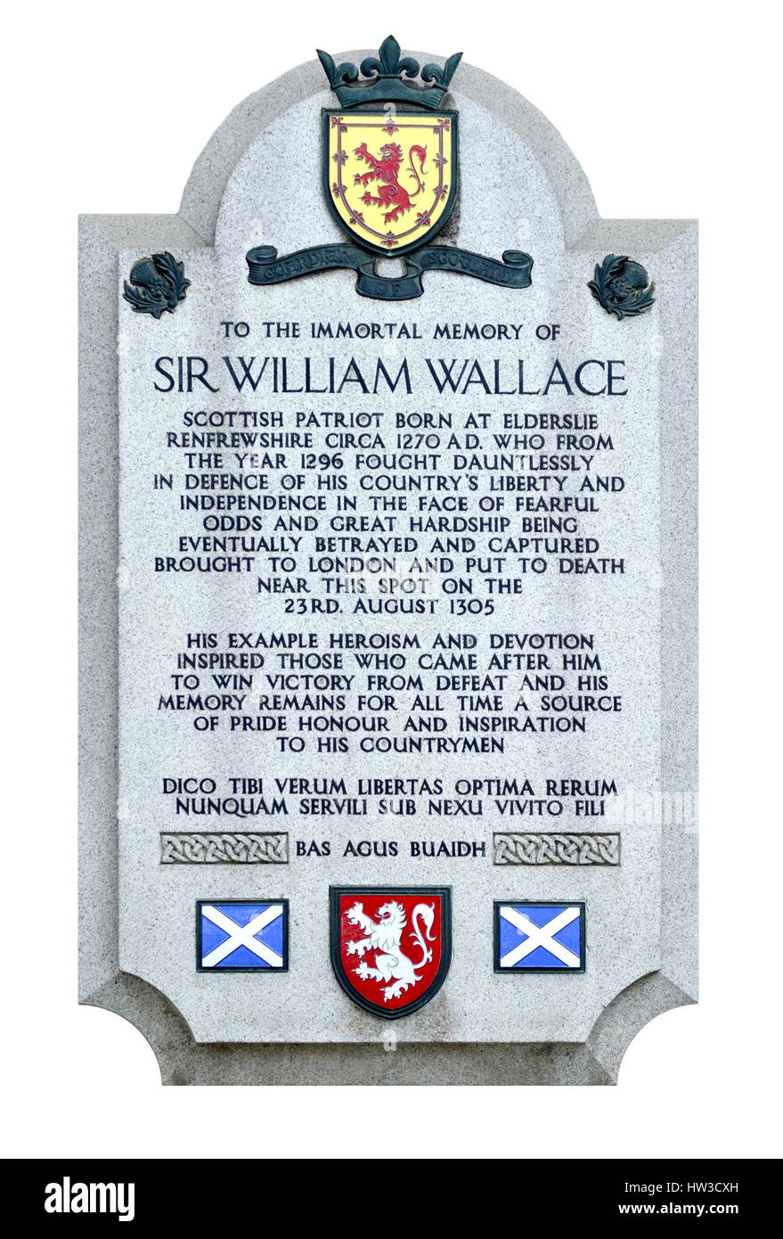 London England, UK. Memorial to Sir William Wallace on the outer wall of St Bartholomew's Hospital, West Smithfield. Cutout  'To the immortal memory o Stock Photo