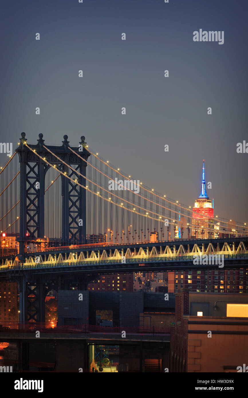 USA, New York City, Manhattan Bridge and Empire State Building Stock Photo