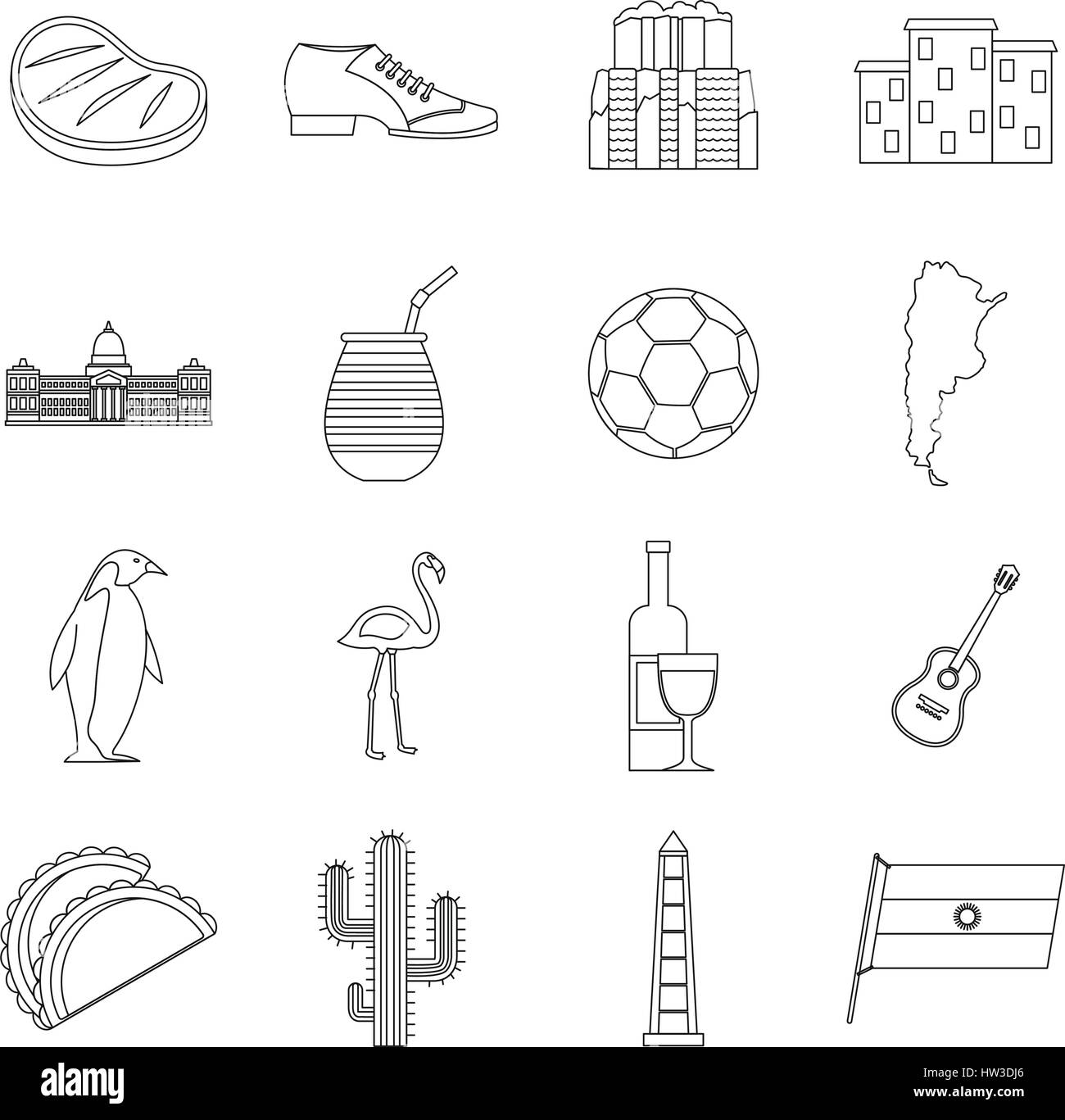 Argentina travel items icons set, outline style Stock Vector