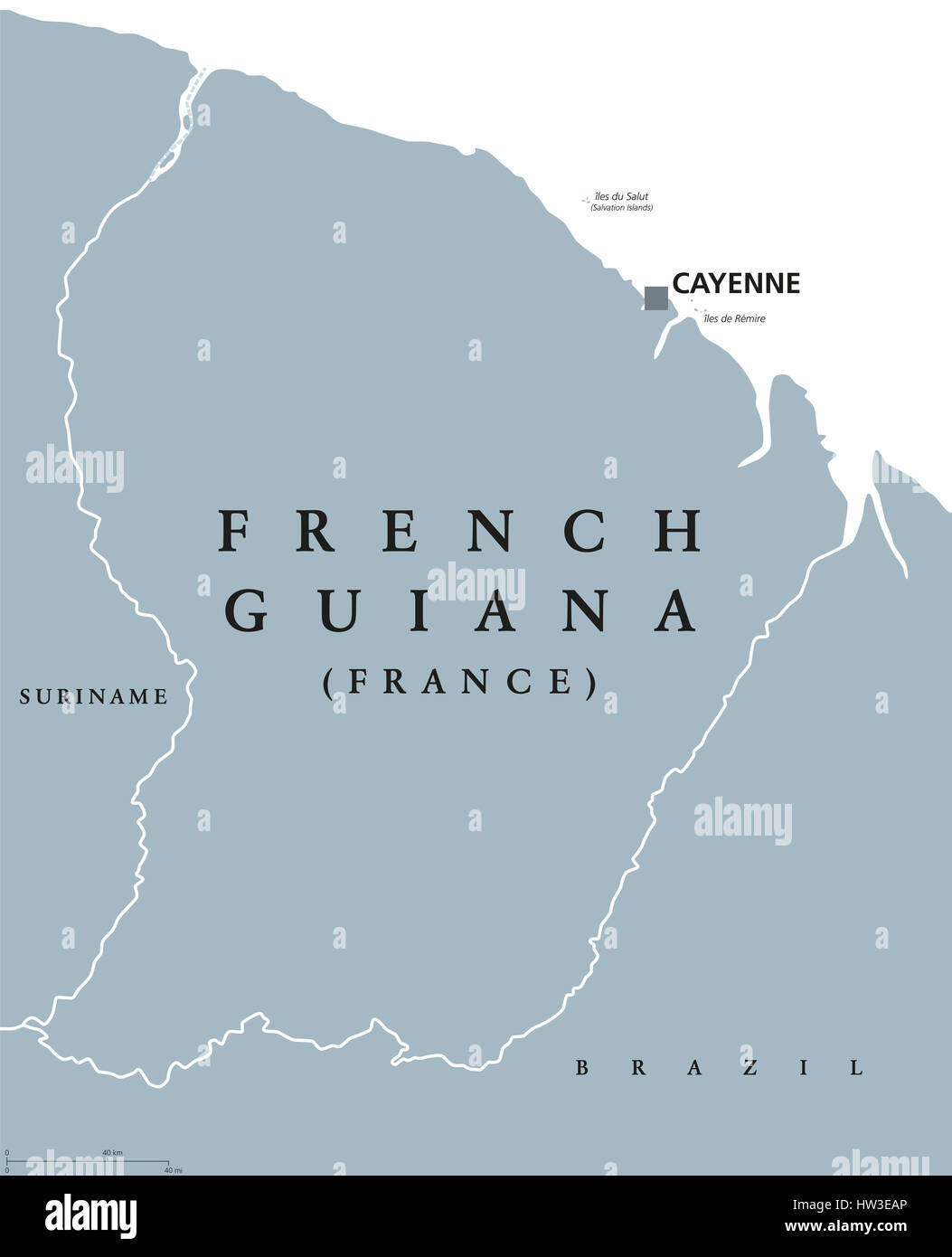 French Guiana political map with capital Cayenne and borders. Overseas department and region of France, located in South America. Gray illustration. Stock Photo