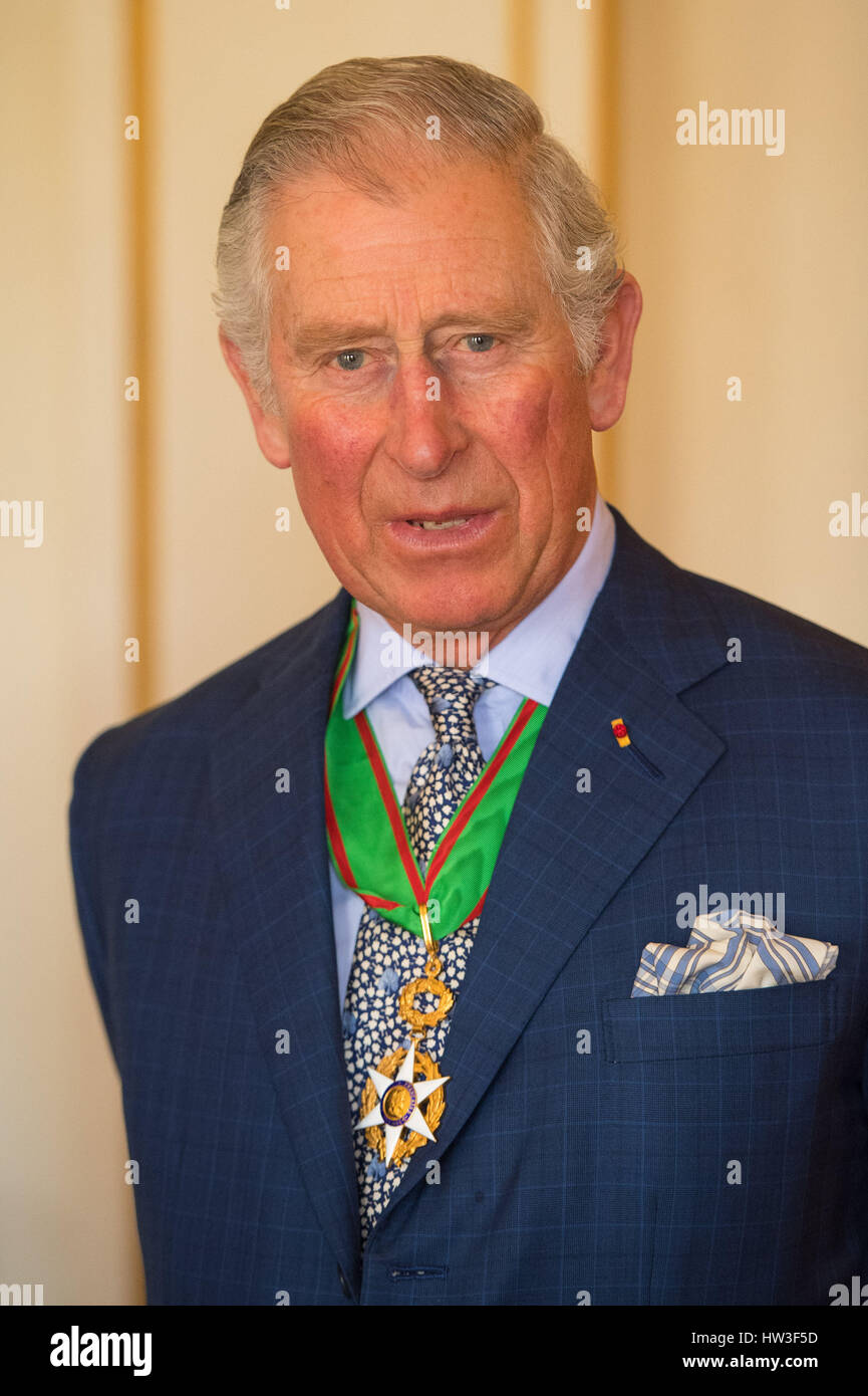 The Prince of Wales wearing his insignia of France's Order of Agricultural Merit, which was presented to him by French Ambassador Sylvie Bermann, at Clarence House in London, in honour of his close co-operation with France and for his commitment to achieving more sustainable and resilient agriculture. Stock Photo