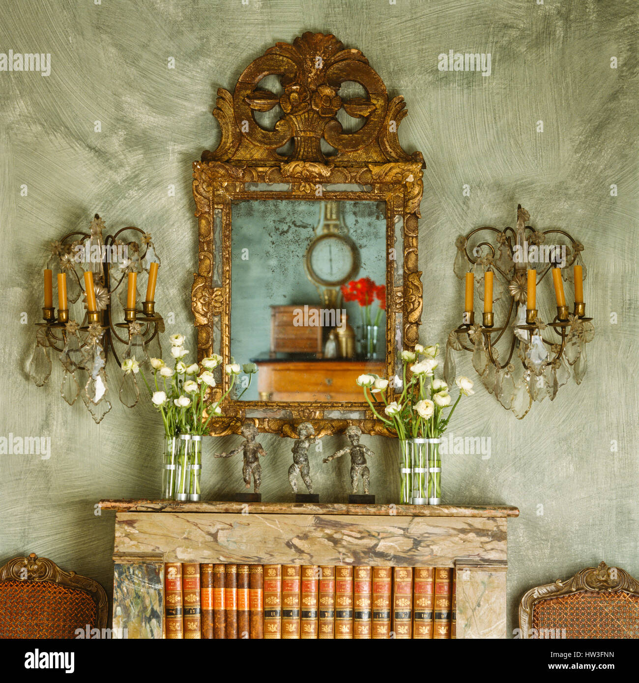 Ornate mirror above marble bookshelf. Stock Photo