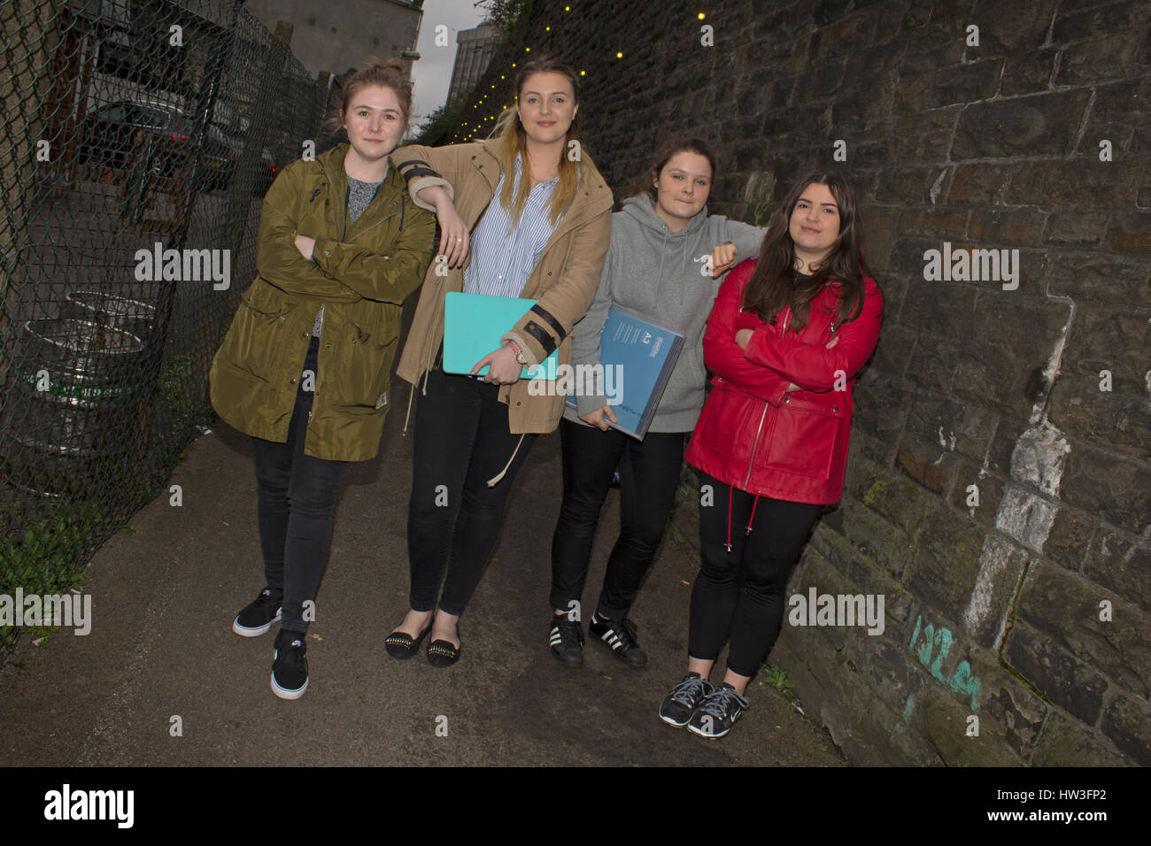 Cardiff, Wales. 16th March, 2017. Anna Williams, Angharad Stone, Ella-Mai Bastida Williams, and Katie Williams are second year graphic design students. Stock Photo