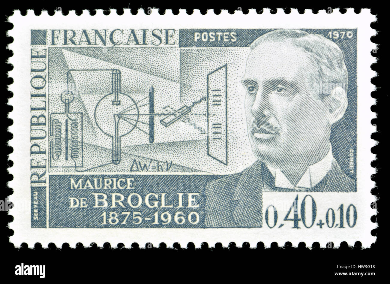 French postage stamp (1970) : Louis-César-Victor-Maurice, 6th duc de Broglie (1875-1960) French physicist. Worked on x-ray diffraction, spectroscopy a Stock Photo