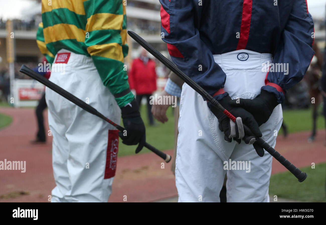 Jockeys whips during St Patrick's Thursday of the 2017 Cheltenham