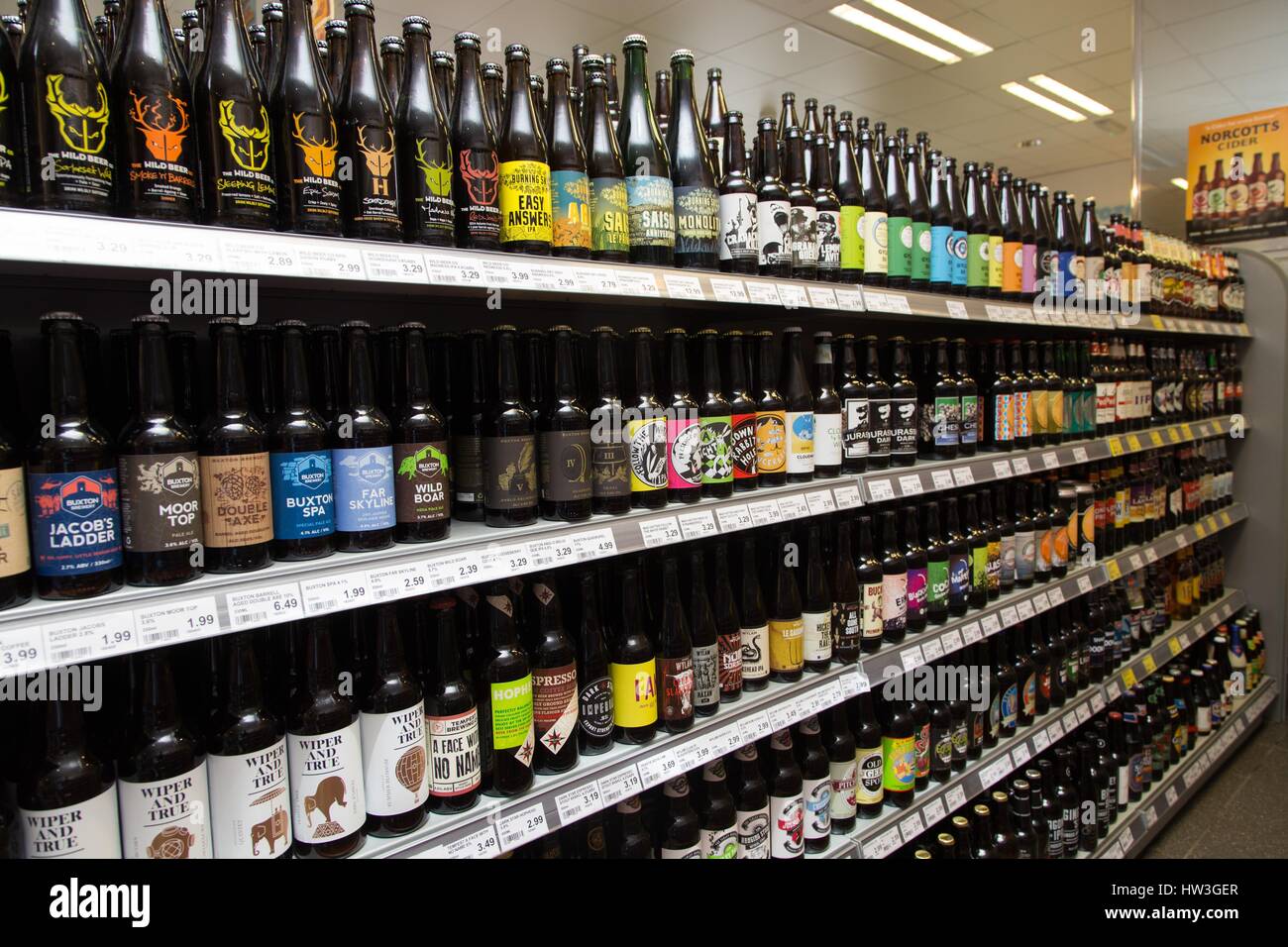 Selection of unusual beers and local ales on the shelves of a