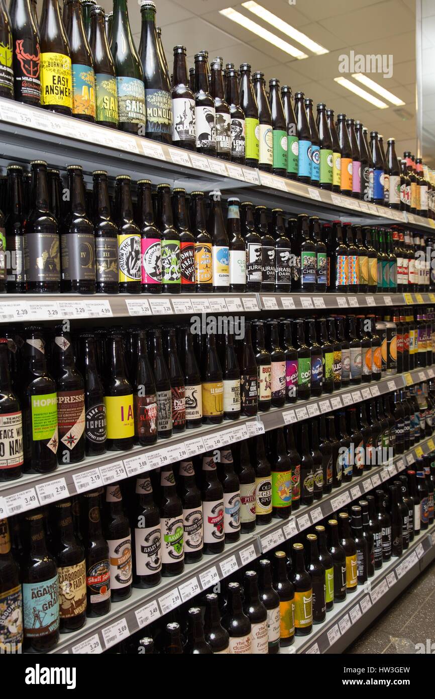 Selection of unusual beers and local ales on the shelves of a