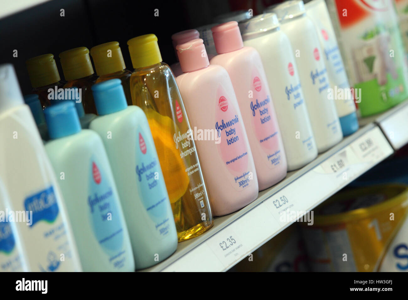 Johnsons baby products on the shelves of a pharmacy shop. Stock Photo