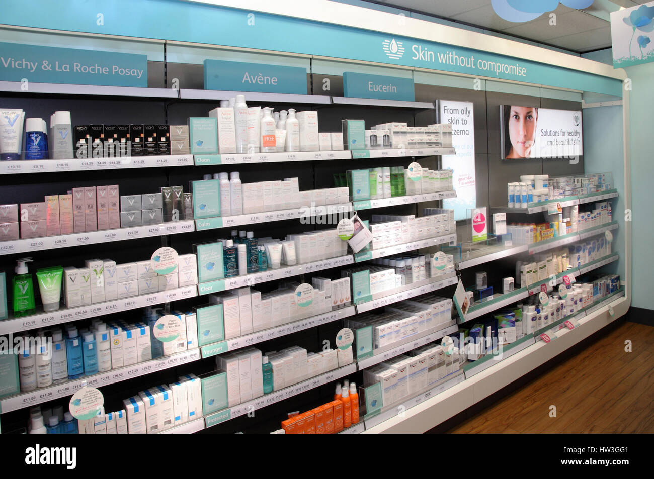 Skin care products on the shelves of a pharmacy shop, Avene, Vichy, La  Roche Posay, Eucerin Stock Photo - Alamy