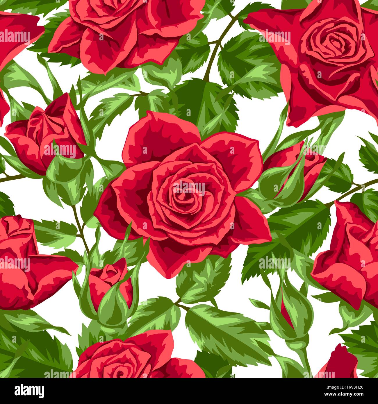 Seamless pattern with red roses. Beautiful realistic flowers, buds and ...