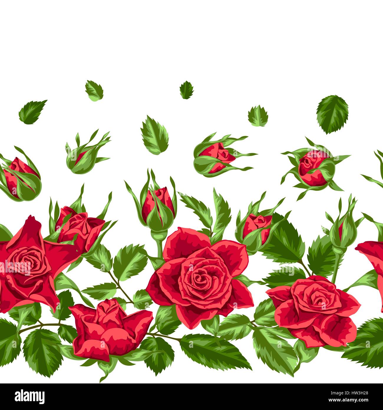Seamless pattern with red roses. Beautiful realistic flowers, buds and ...