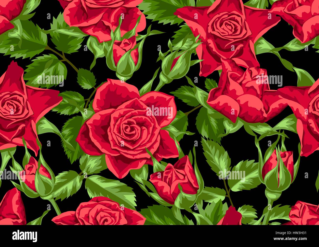 Seamless pattern with red roses. Beautiful realistic flowers, buds and ...