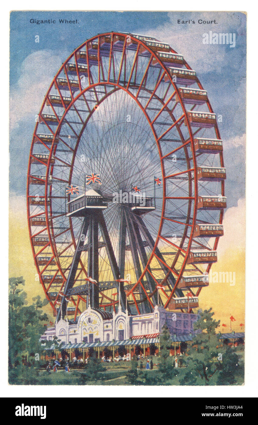 Edwardian hand tinted postcard of The Great Wheel, Earl's Court, London. The Wheel was built for the Empire of India Exhibition, Earl's Court, London in 1894.It was dismantled in 1907. This postcard is dated circa 1905, Stock Photo