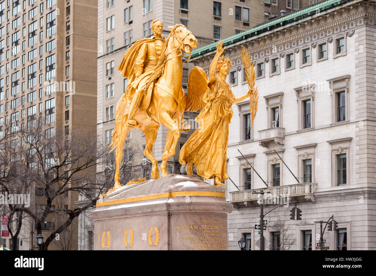 Golden statue of General W T Sherman and Victory at Central Park, NYC Stock Photo