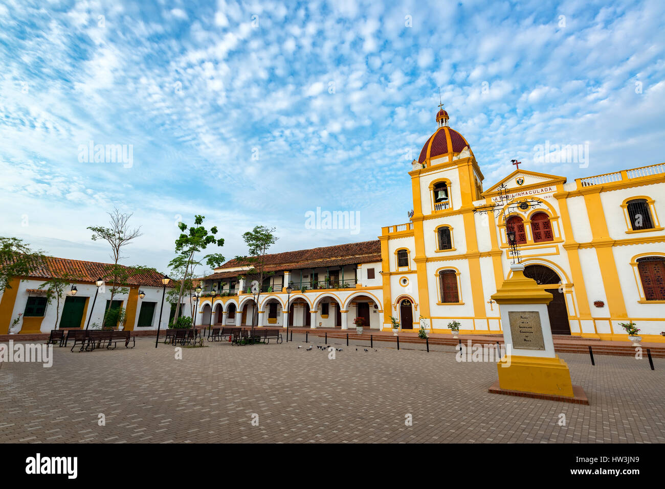 Church of the Immaculate Conception with a large plaza in Mompox, Colombia Stock Photo