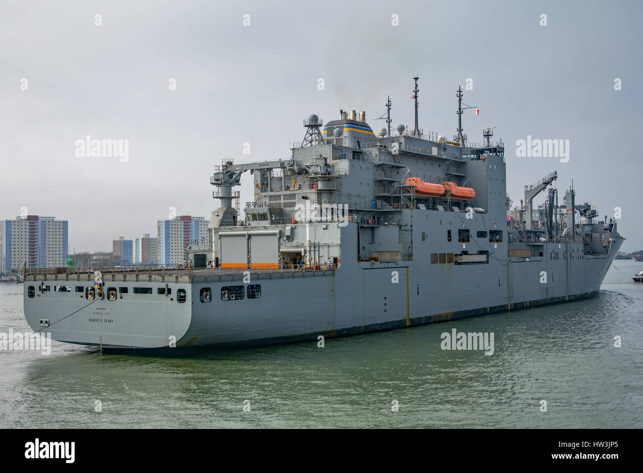 USNS Robert E Peary (T-AKE-5) a United States Navy supply ship at Portsmouth, UK on the 18th March 2017. Stock Photo