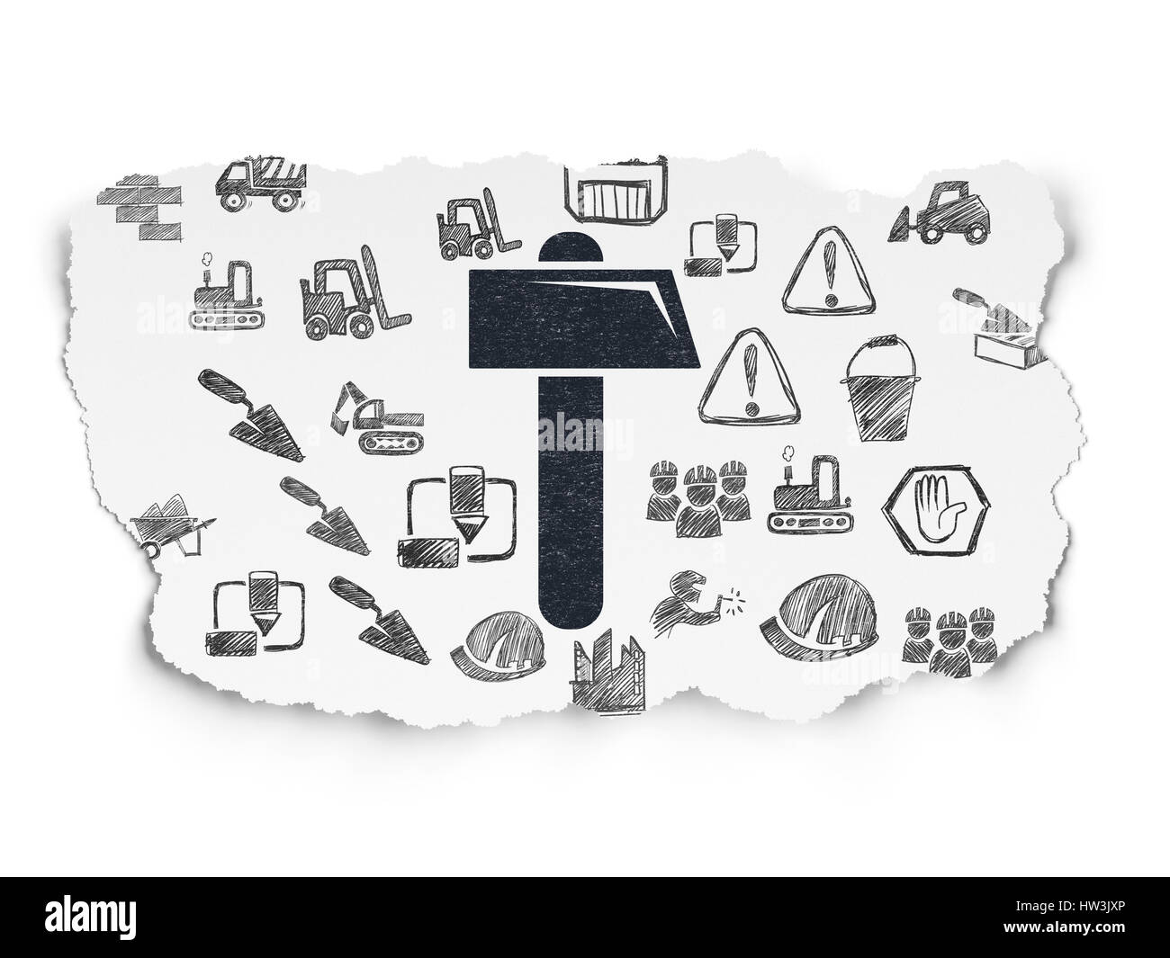 Building construction concept Painted black Hammer icon on Torn Paper background with Hand