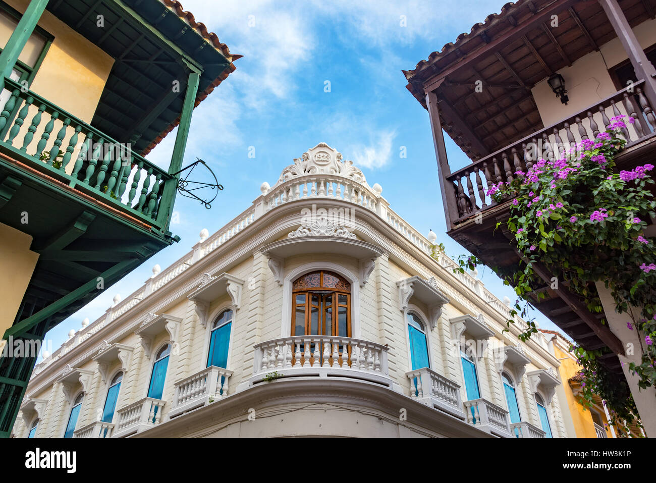 Colonial balconies and blue sky in Cartagena, Colombia Stock Photo