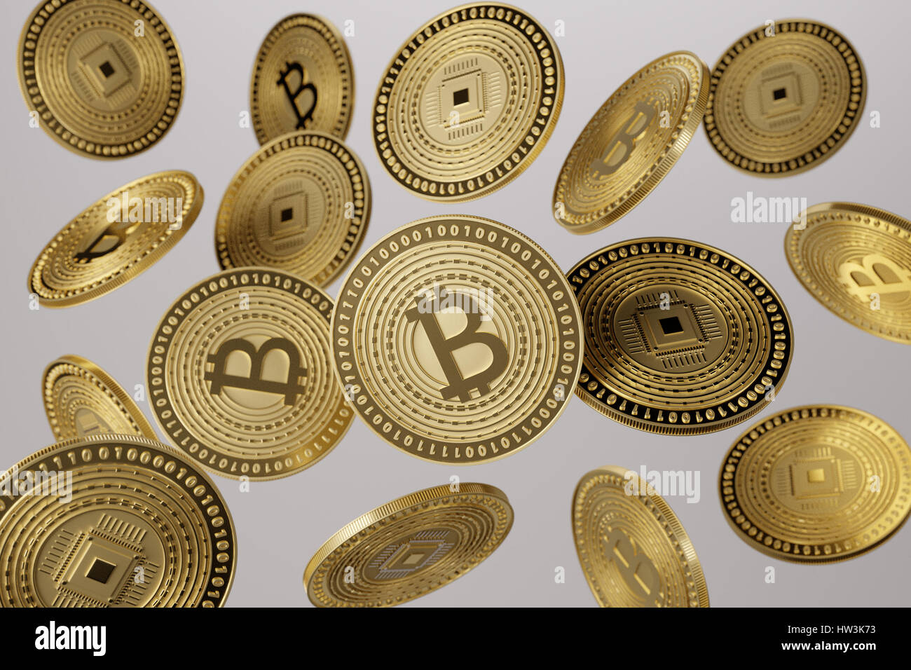 Close up of golden bitcoins tossed into the air as example for blockchain  and crypto-currency concept Stock Photo - Alamy