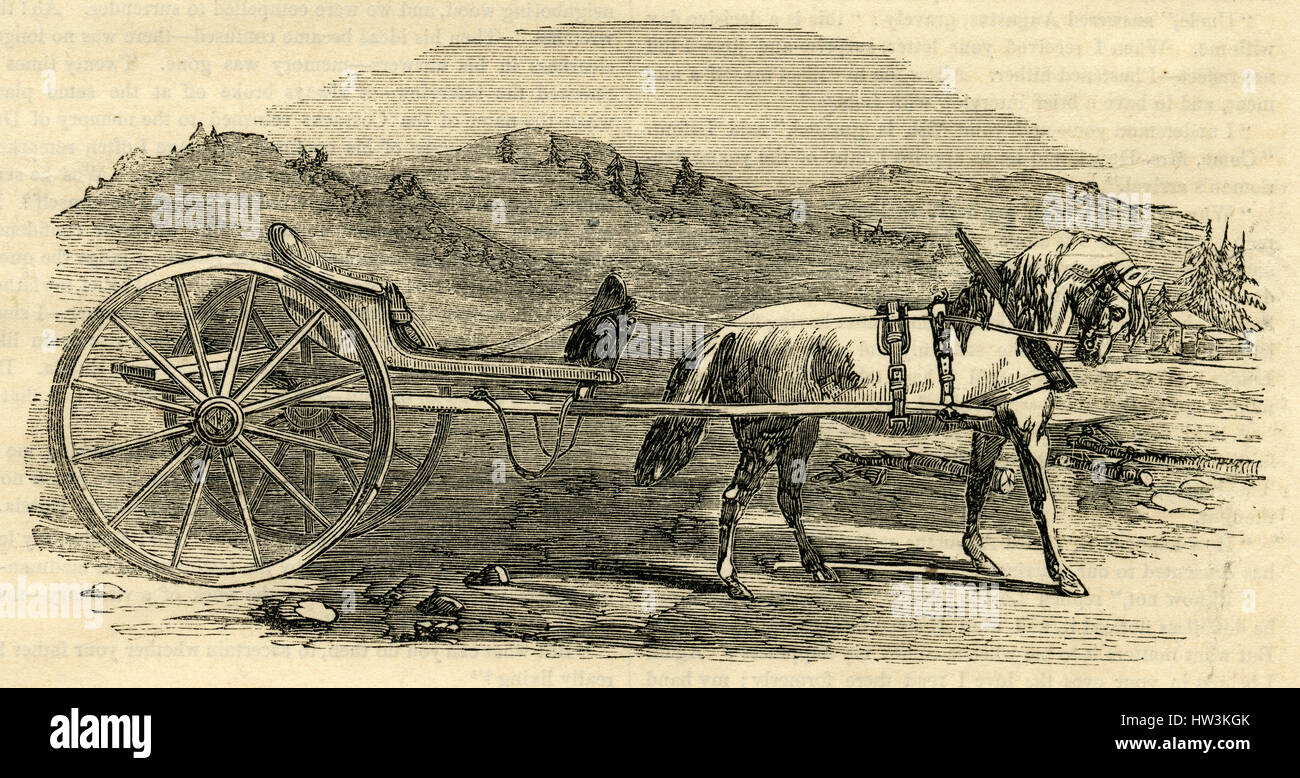 Antique 1854 engraving, 'A Norwegian Carriole.' A carriole was a type of carriage used in the 19th century. It was a light, small, two- or four-wheeled vehicle, open or covered, drawn by a single horse. SOURCE: ORIGINAL ENGRAVING. Stock Photo