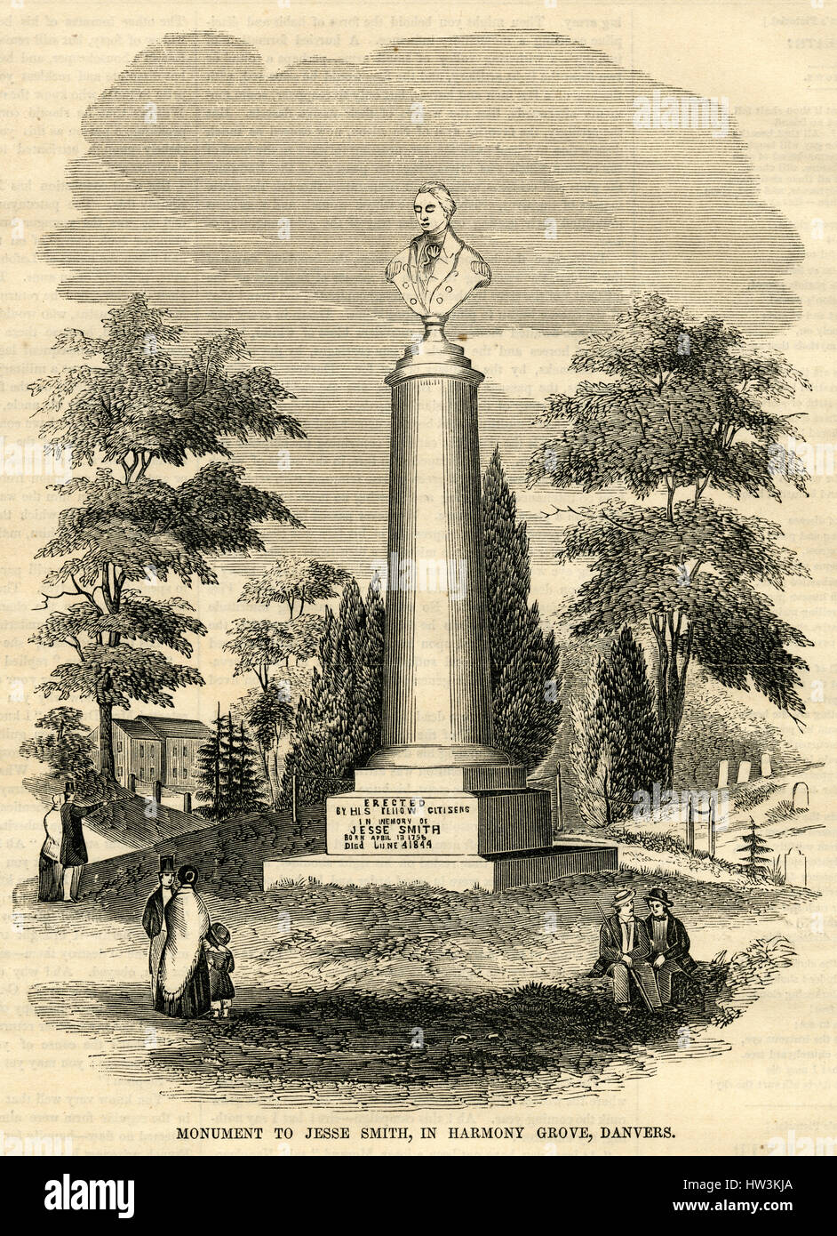 Antique 1854 engraving, "Monument to Jesse Smith in Harmony Grove, Danvers [now Salem], Massachusetts." Harmony Grove Cemetery is a cemetery in Salem, Massachusetts. It was established in 1840 and is located at 30 Grove Street. SOURCE: ORIGINAL ENGRAVING. Stock Photo