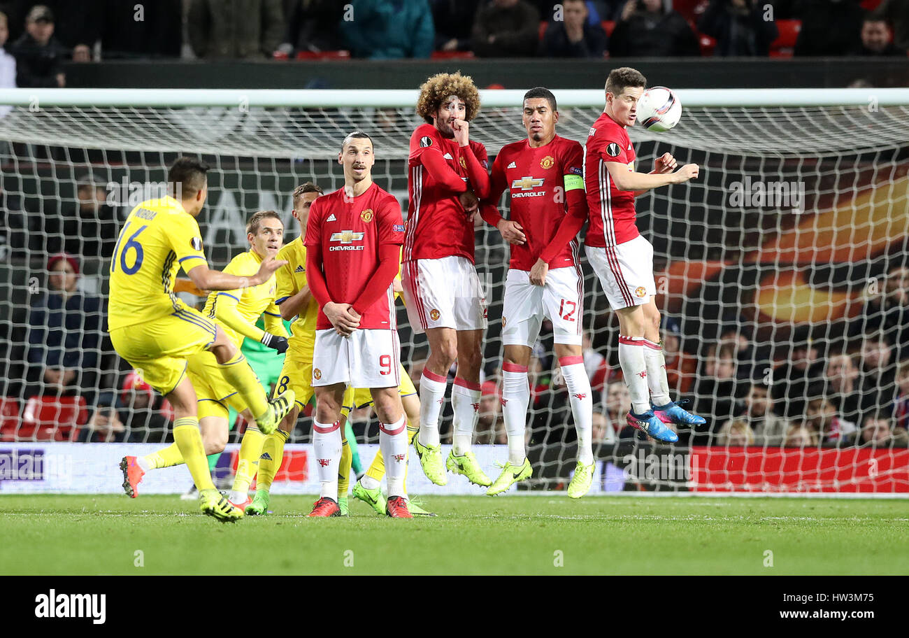 FC Rostov's Cristian Noboa takes a freekick which goes close late in the game during the UEFA Europa League Round of Sixteen, Second Leg match at Old Trafford, Manchester. Stock Photo