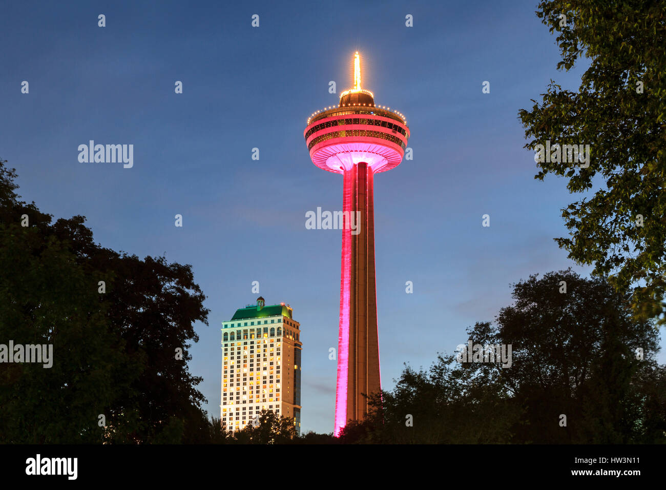 Lighted Skylon Tower at Dawn, Niagara Falls, Ontario Province, Canada Stock Photo