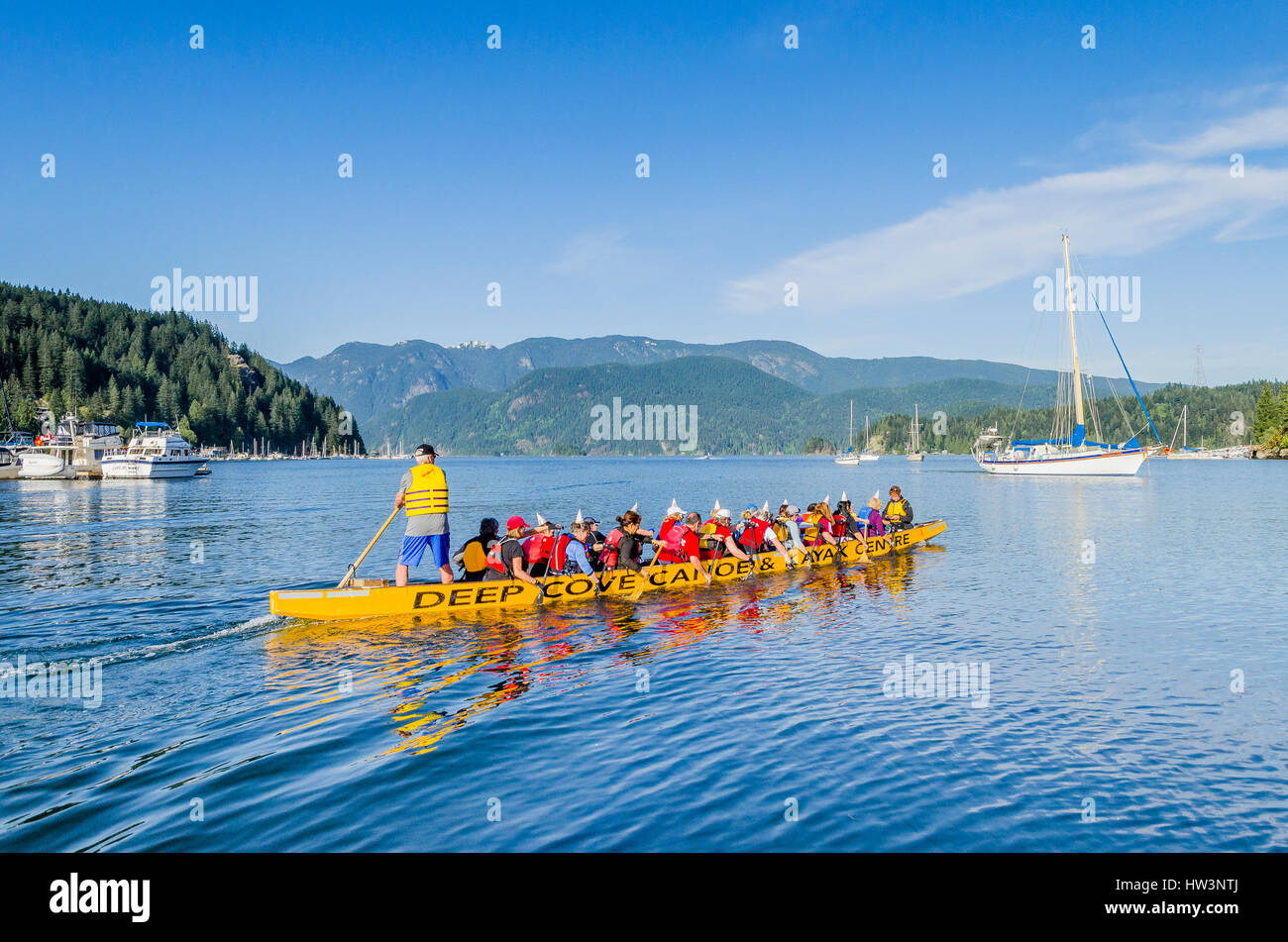 Dragon boat team, Deep Cove, District of N. Vancouver, British Columbia, Canada Stock Photo