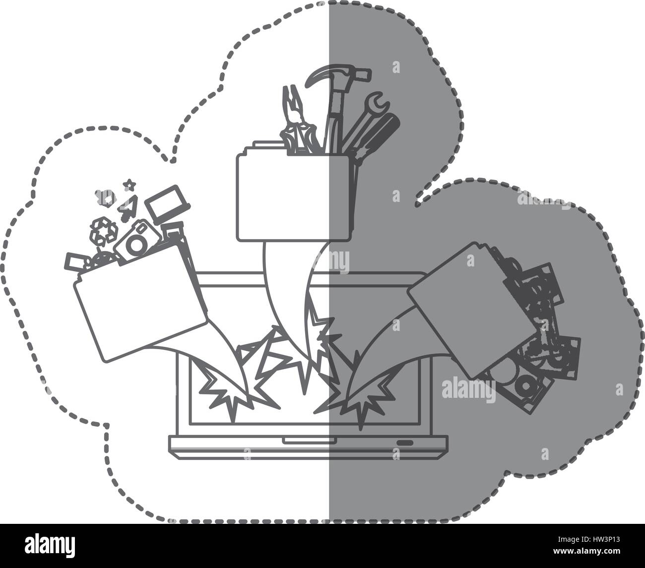 sticker silhouette tech laptop broken with icons ejection flying Stock ...