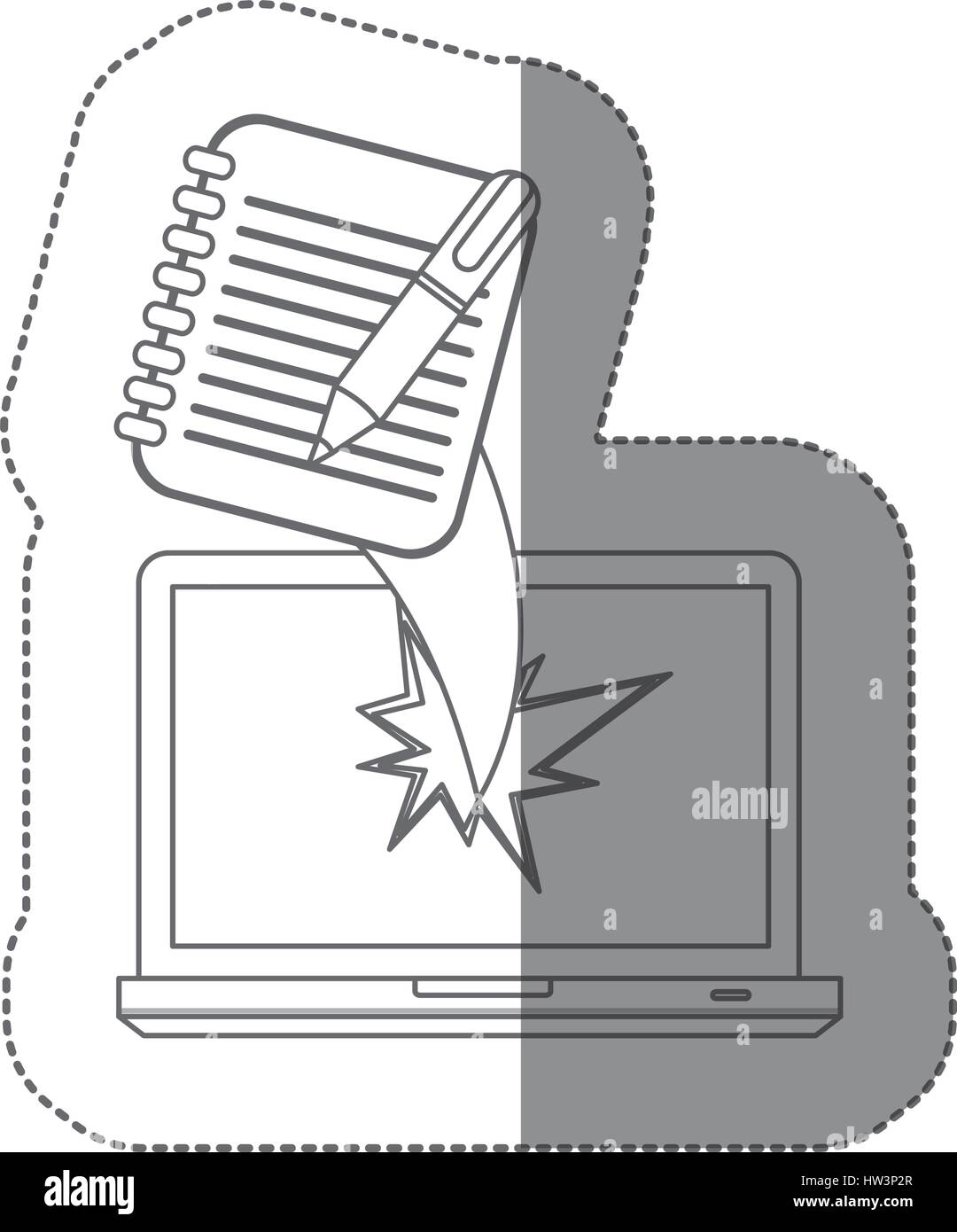 sticker monochrome silhouette broken front view tech laptop with ...
