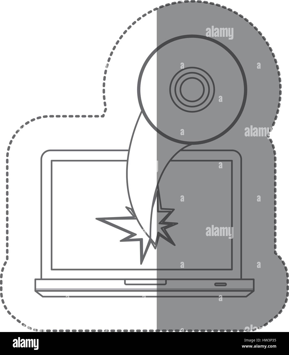 sticker monochrome silhouette broken front view tech laptop with compact disc Stock Vector